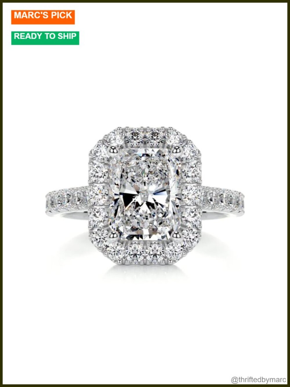2 Carat Radiant Halo Moissanite Engagement Ring Platinum Plated Silver